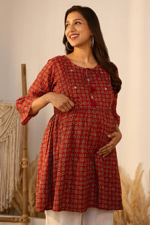 Printed Ajrakh Maternity Tunic with Foil Mirror Embellishment - Red
