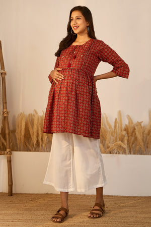 Printed Ajrakh Maternity Tunic with Foil Mirror Embellishment - Red
