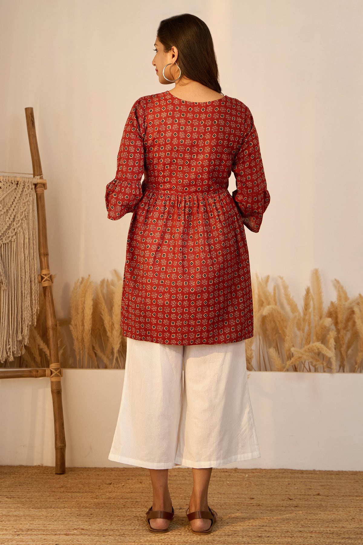 Printed Ajrakh Maternity Tunic with Foil Mirror Embellishment - Red
