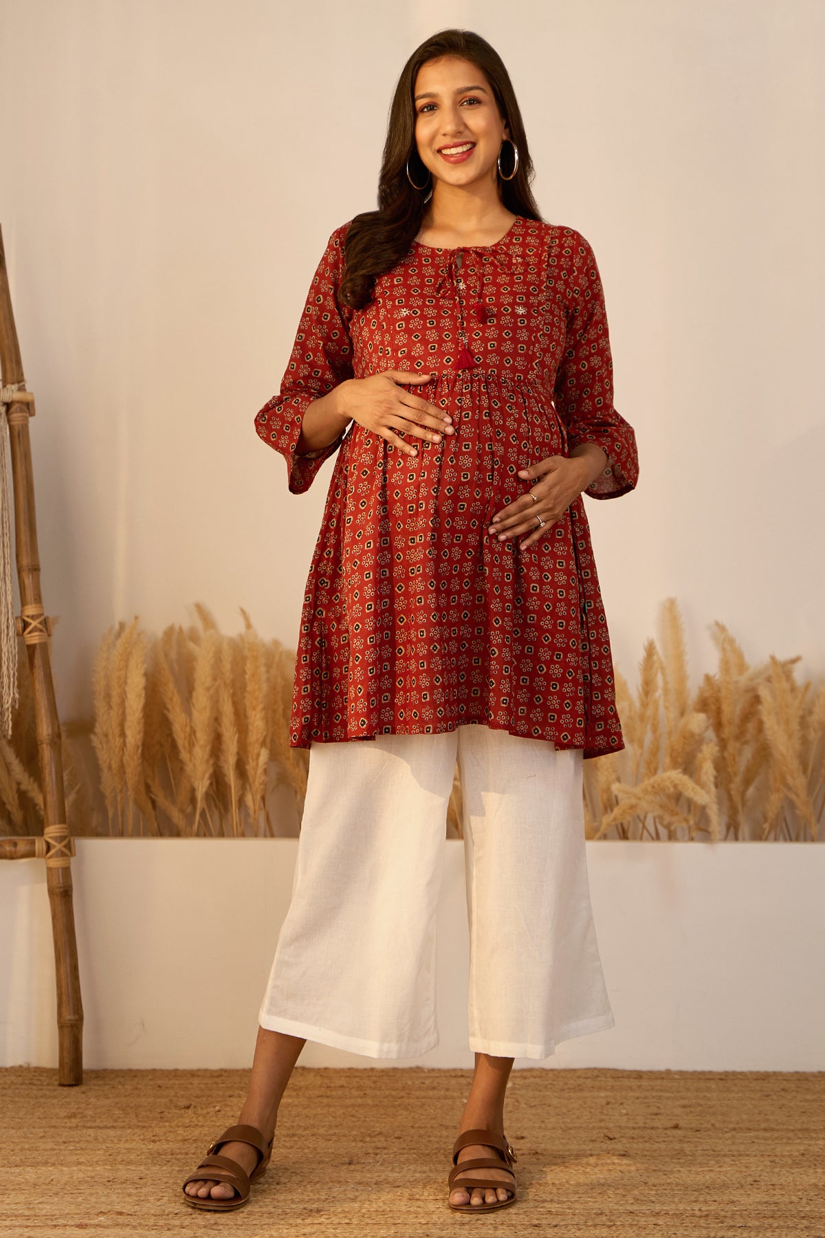 Printed Ajrakh Maternity Tunic with Foil Mirror Embellishment - Red