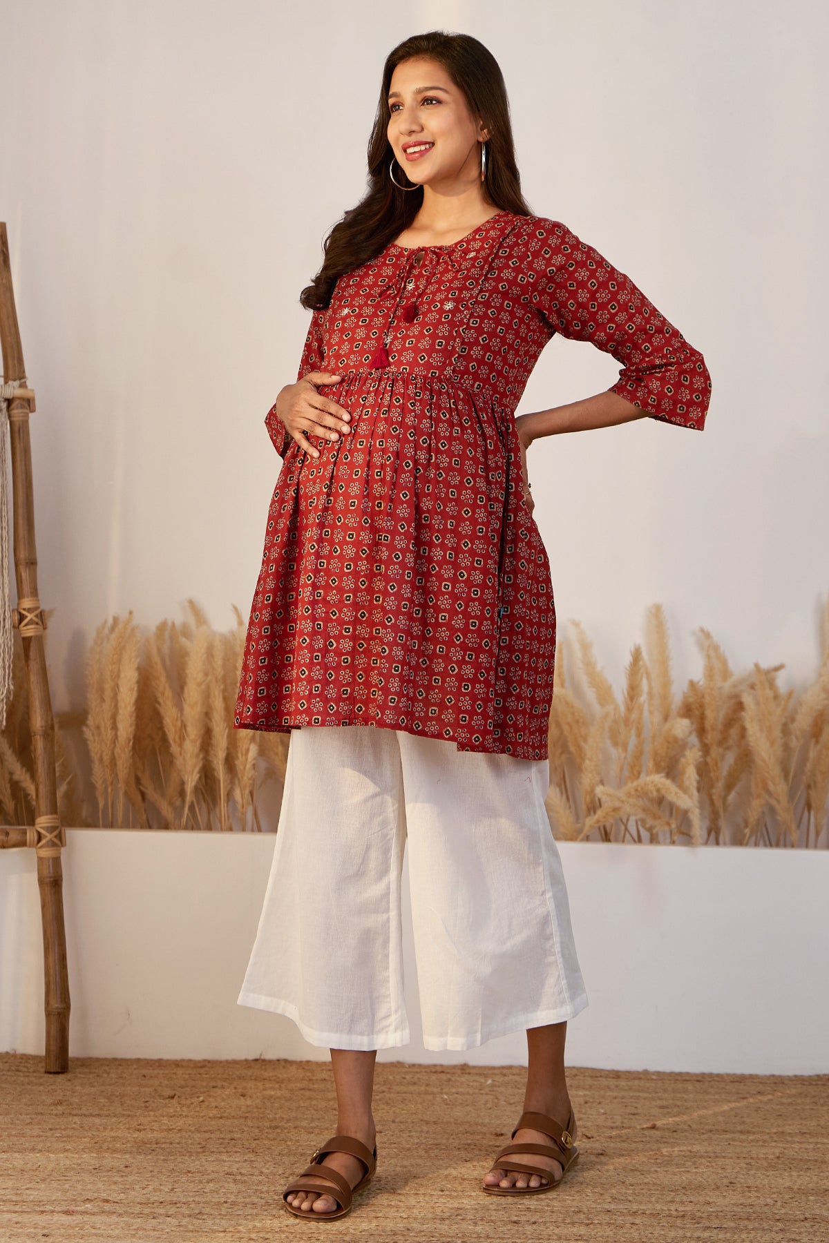 Printed Ajrakh Maternity Tunic with Foil Mirror Embellishment - Red