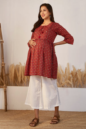 Printed Ajrakh Maternity Tunic with Foil Mirror Embellishment - Red