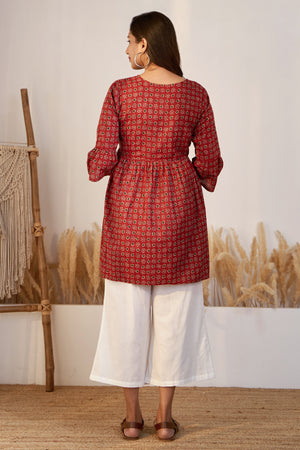 Printed Ajrakh Maternity Tunic with Foil Mirror Embellishment - Red