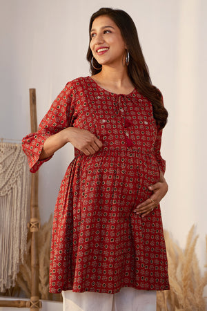 Printed Ajrakh Maternity Tunic with Foil Mirror Embellishment - Red