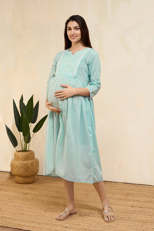 Floral Embroidered Pleated Maternity Dress - Light Blue