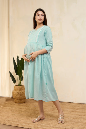 Floral Embroidered Pleated Maternity Dress - Light Blue