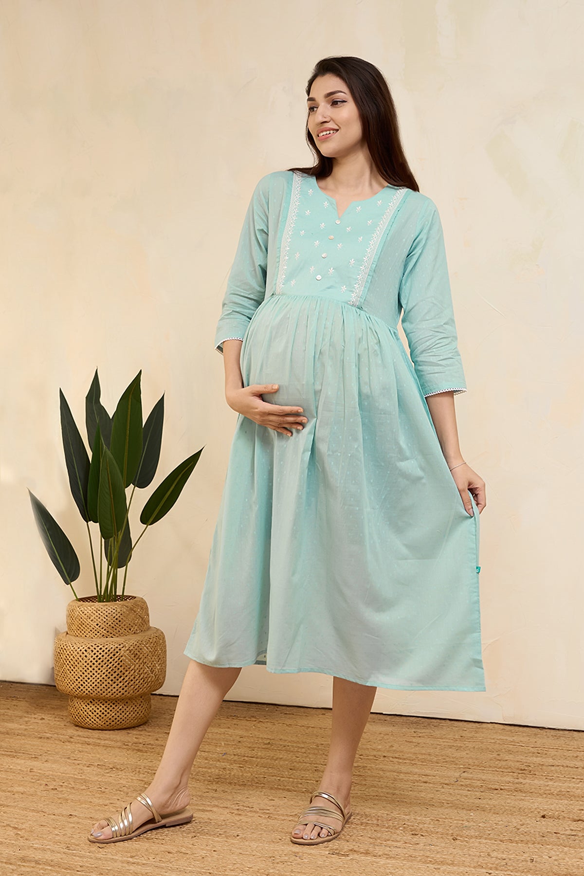 Floral Embroidered Pleated Maternity Dress - Light Blue