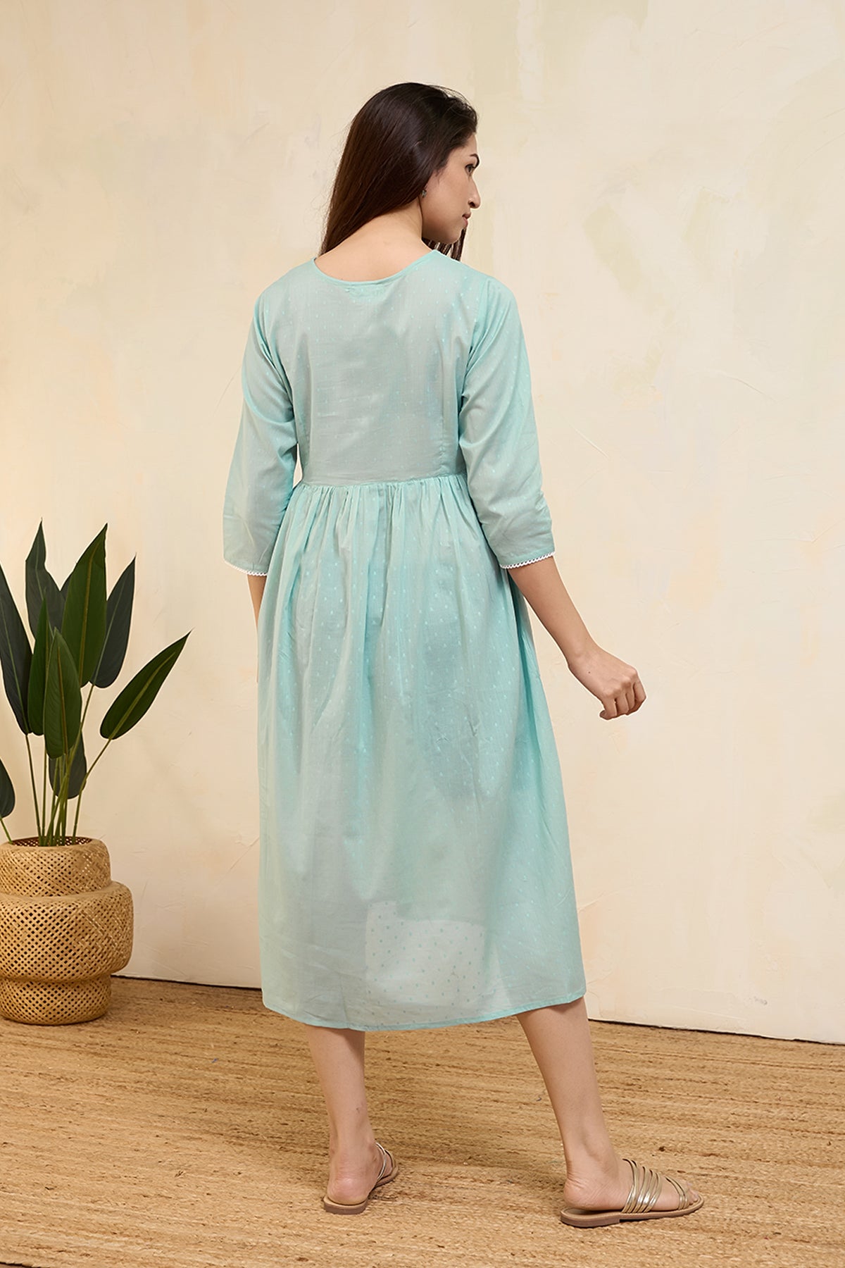 Floral Embroidered Pleated Maternity Dress - Light Blue