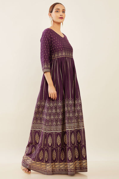 All Over Butta & Mughal Floral Pleated Anarkali - Purple