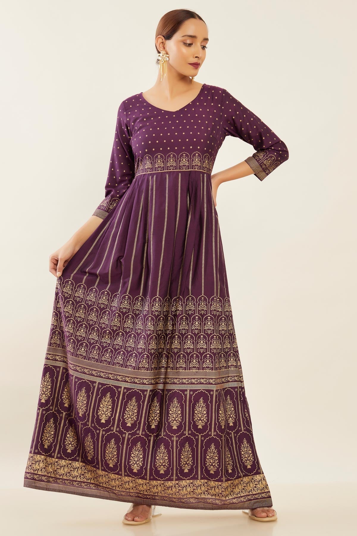 All Over Butta & Mughal Floral Pleated Anarkali - Purple