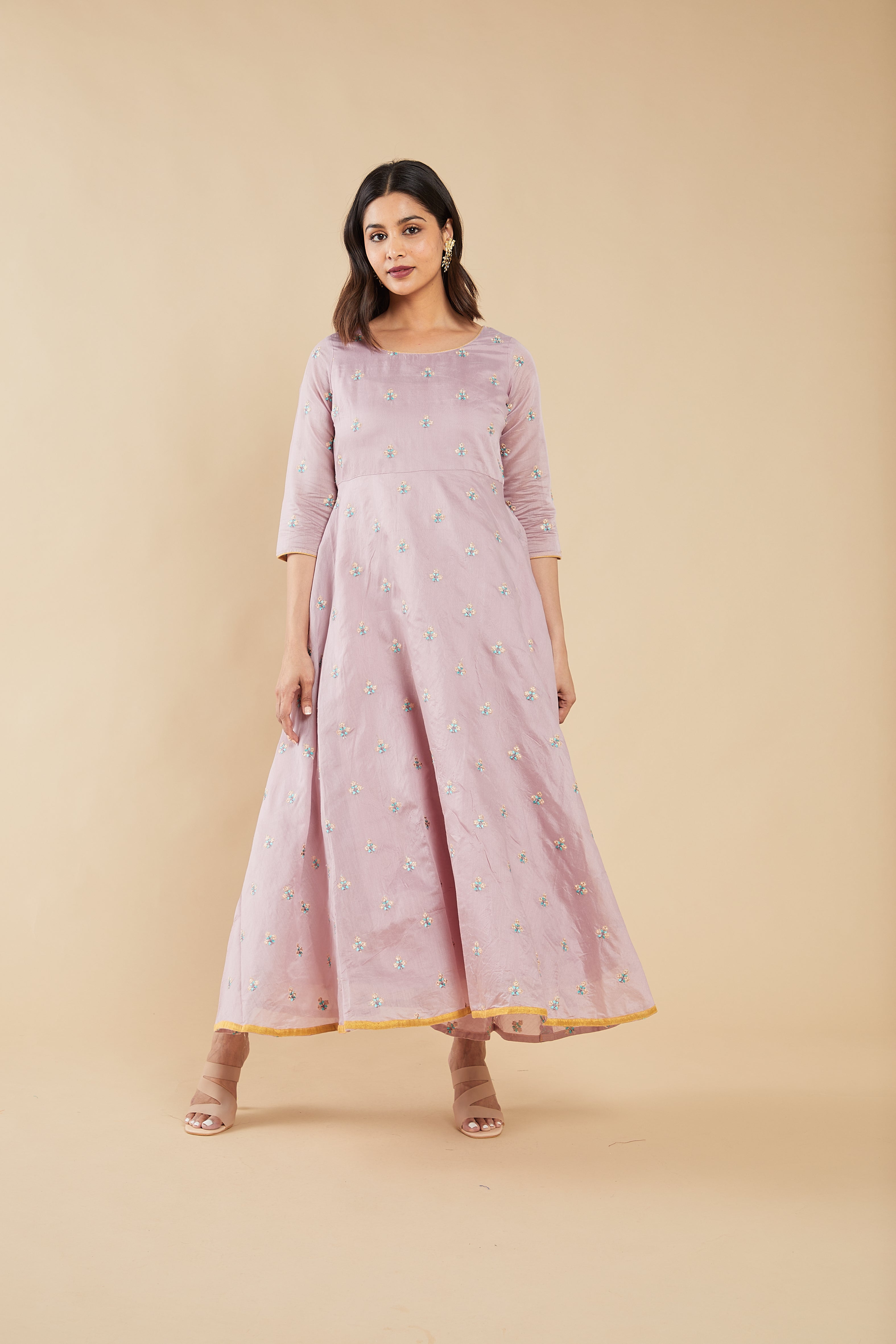 Floral Butta Embroidered Anarkali Pink