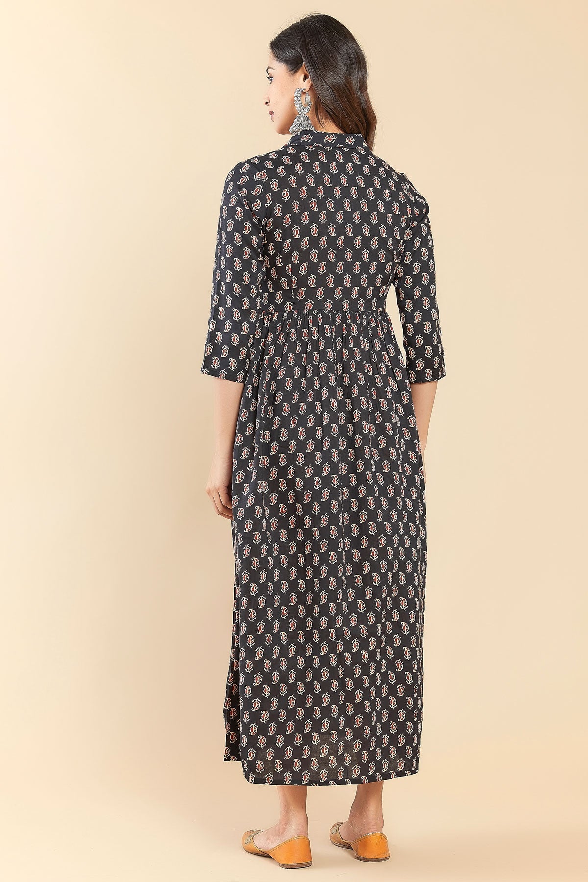 All Over Leaf Printed A Line Kurta Black