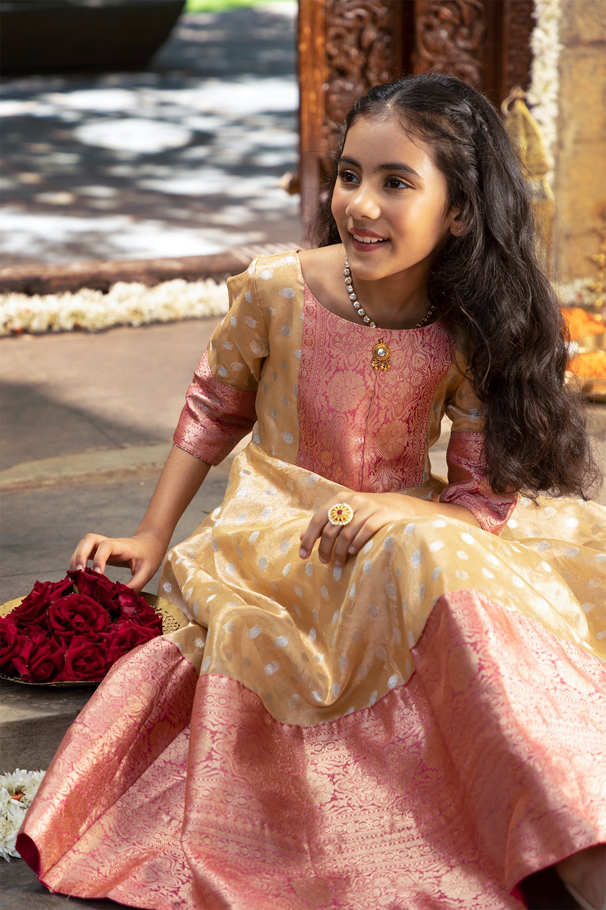 Brocade Weave With Contemporary Silk Border Anarkali Beige