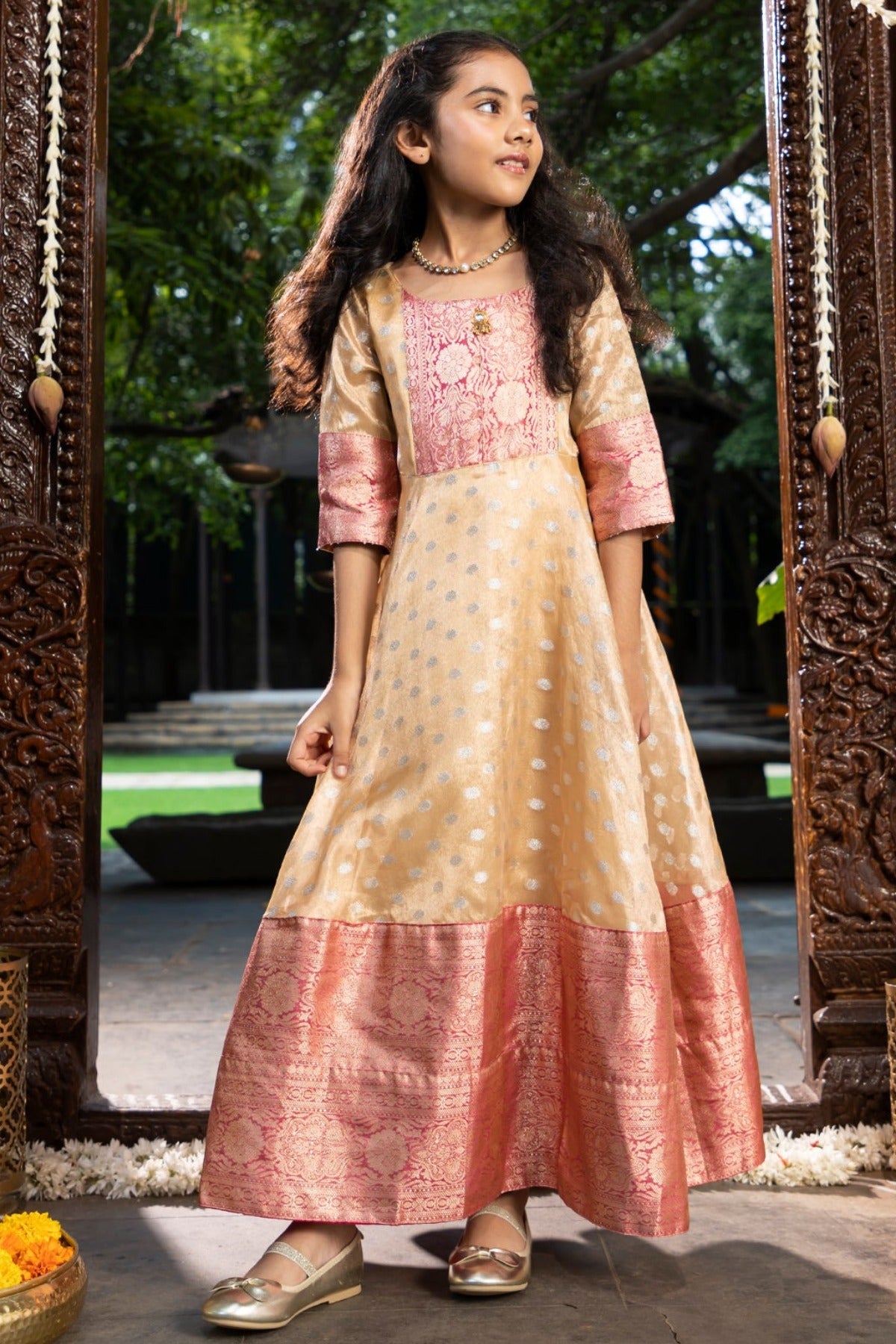 Brocade Weave With Contemporary Silk Border Anarkali Beige