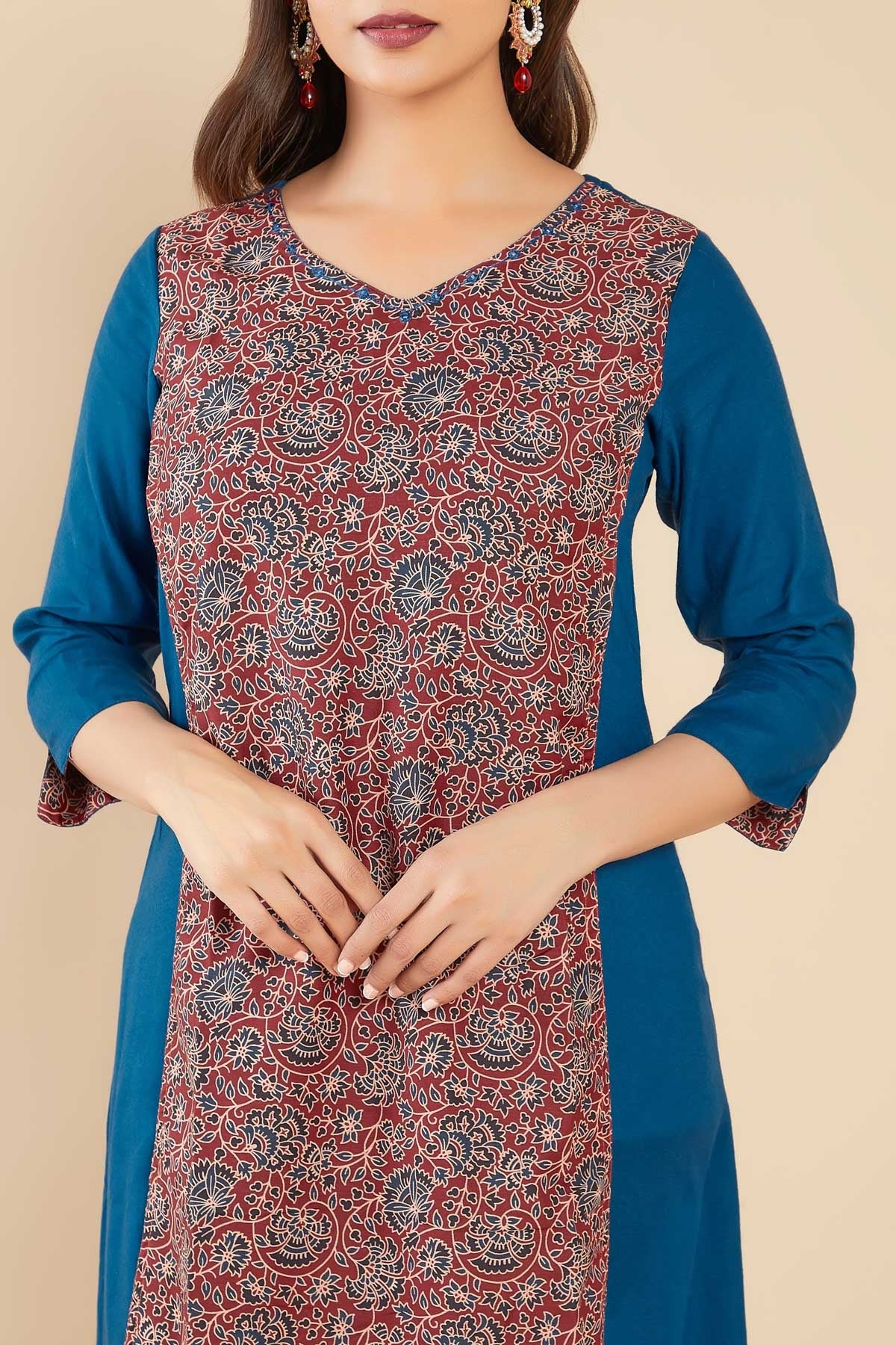 Contrast Kalamkari Printed Kurta - Blue