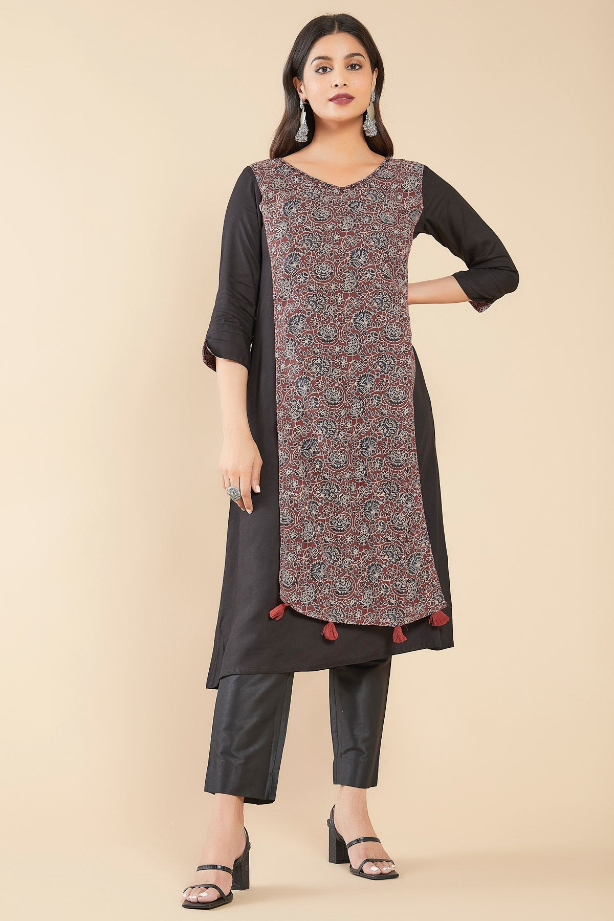 Contrast Kalamkari Printed Kurta - Black