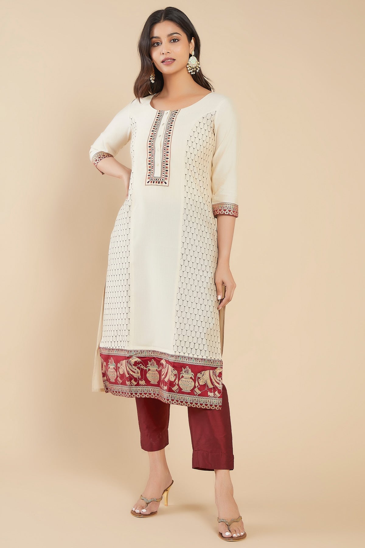 Traditional Figure Motif With Moroccan Printed & Geometric Embroidered Kurta - Off-White
