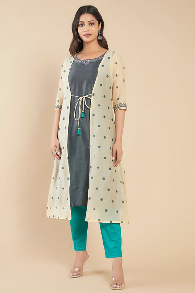 Floral Printed Attached Waist Coat With Geometric Printed Kurta Set Grey