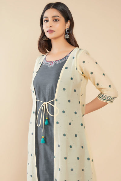 Floral Printed Attached Waist Coat With Geometric Printed Kurta Set - Grey