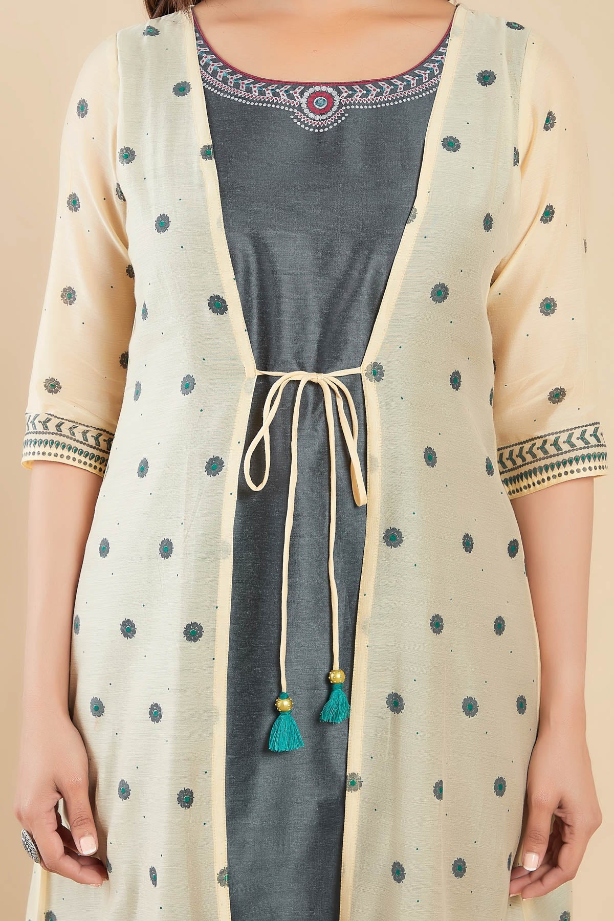 Floral Printed Attached Waist Coat With Geometric Printed Kurta Set Grey