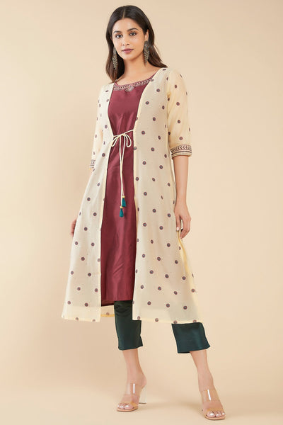 Floral Printed Attached Waist Coat With Geometric Printed Kurta Set - Maroon
