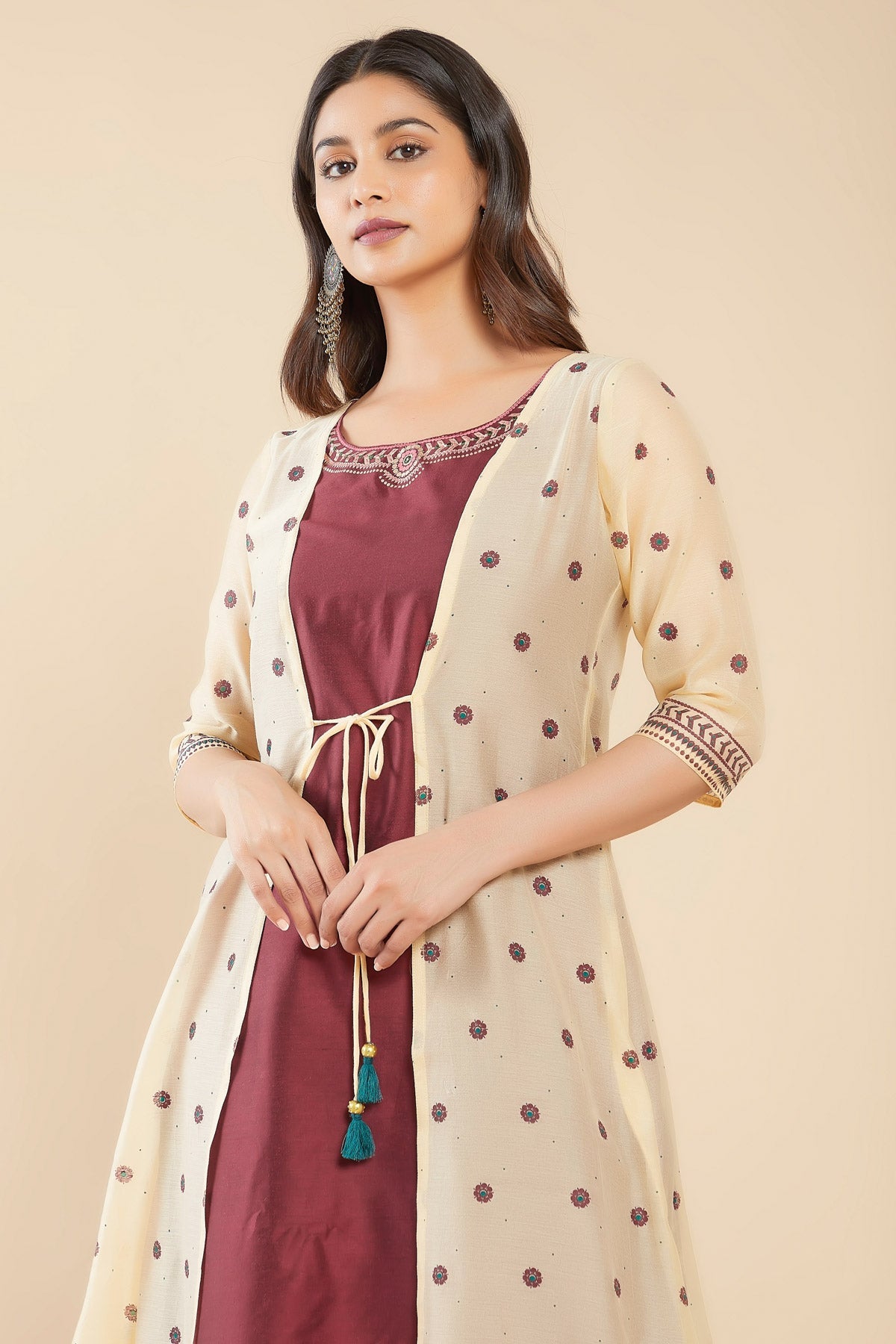 Floral Printed Attached Waist Coat With Geometric Printed Kurta Set Maroon