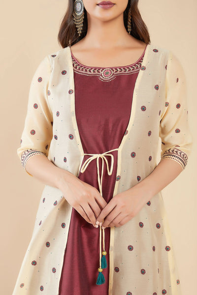 Floral Printed Attached Waist Coat With Geometric Printed Kurta Set Maroon