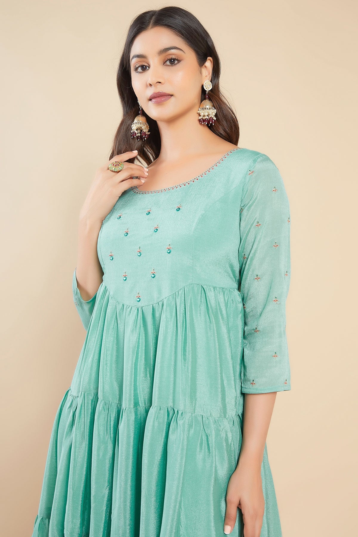 Contrast Foil Mirror Embroidered Tiered A-Line Kurta - Green