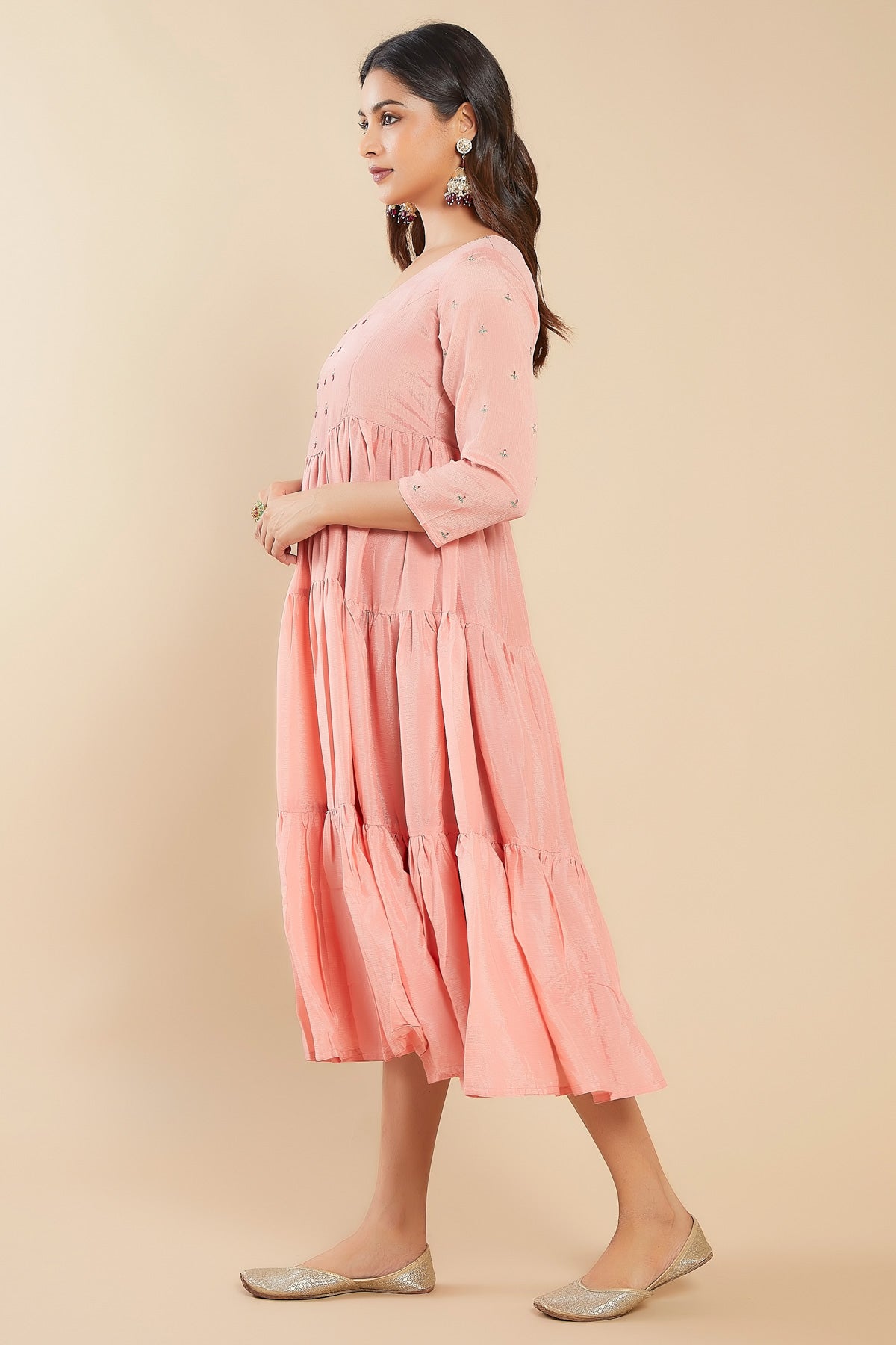 Contrast Foil Mirror Embroidered Tiered A-Line Kurta - Peach