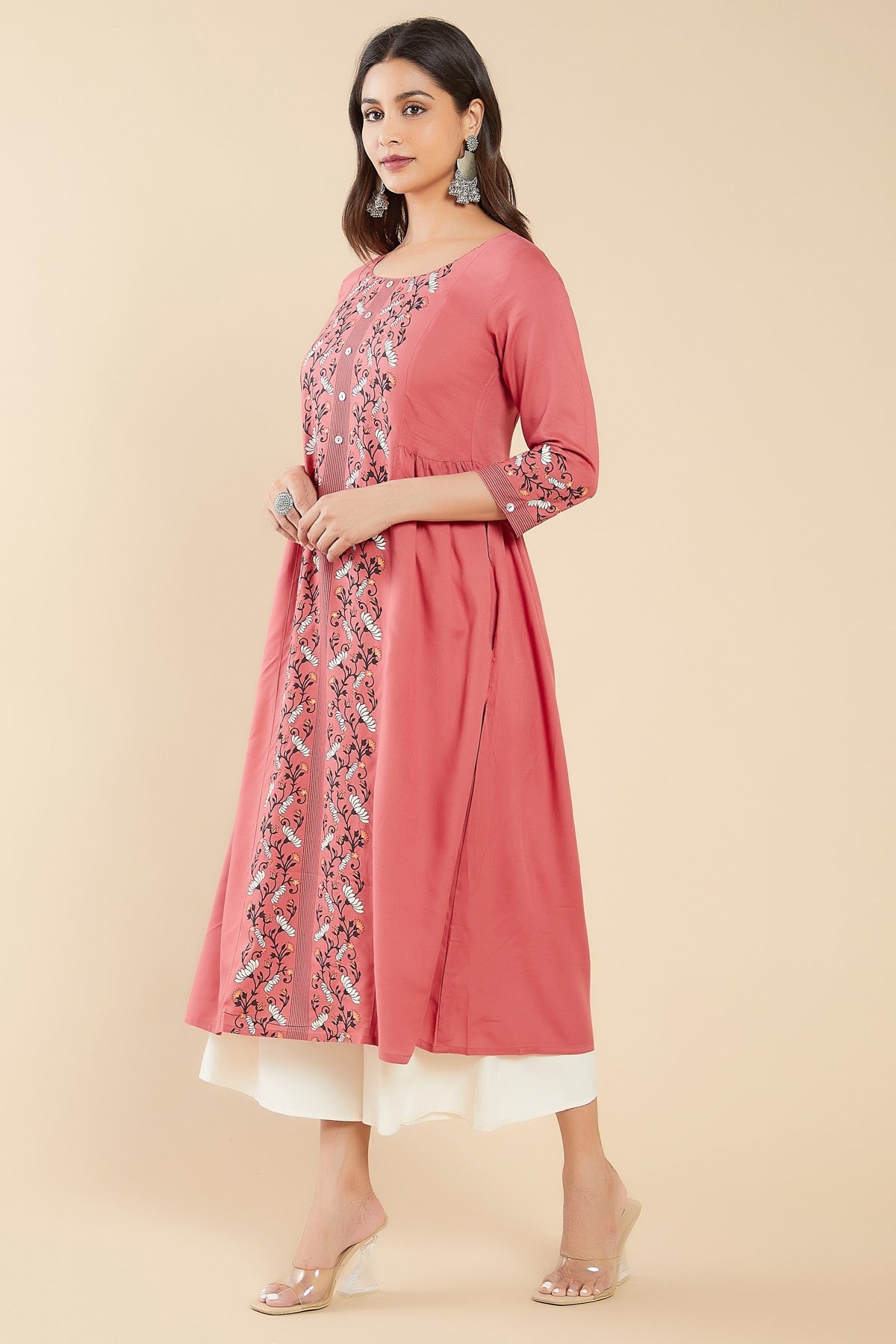 Scroll Floral Printed Kurta Peach