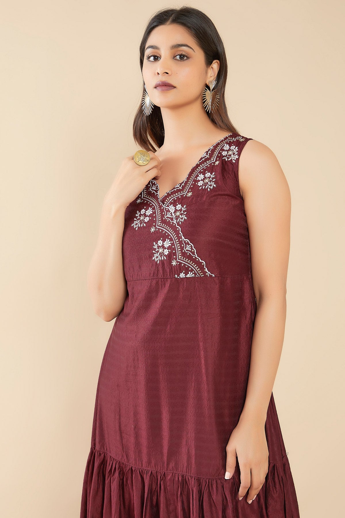 Scallop Cutwork Floral Motif Printed Kurta - Brown