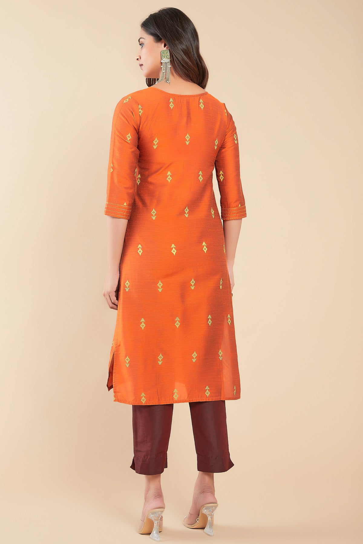 Silver Zari Detail With Geometric Printed Kurta - Orange