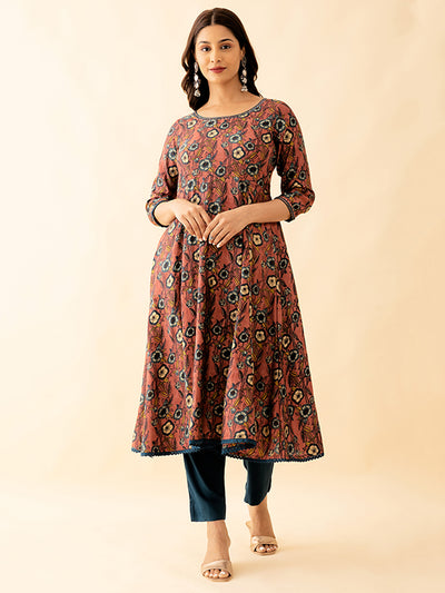 Jewel Embroidered Neckline With Allover Floral Embroidered Kurta Pant Set - Maroon