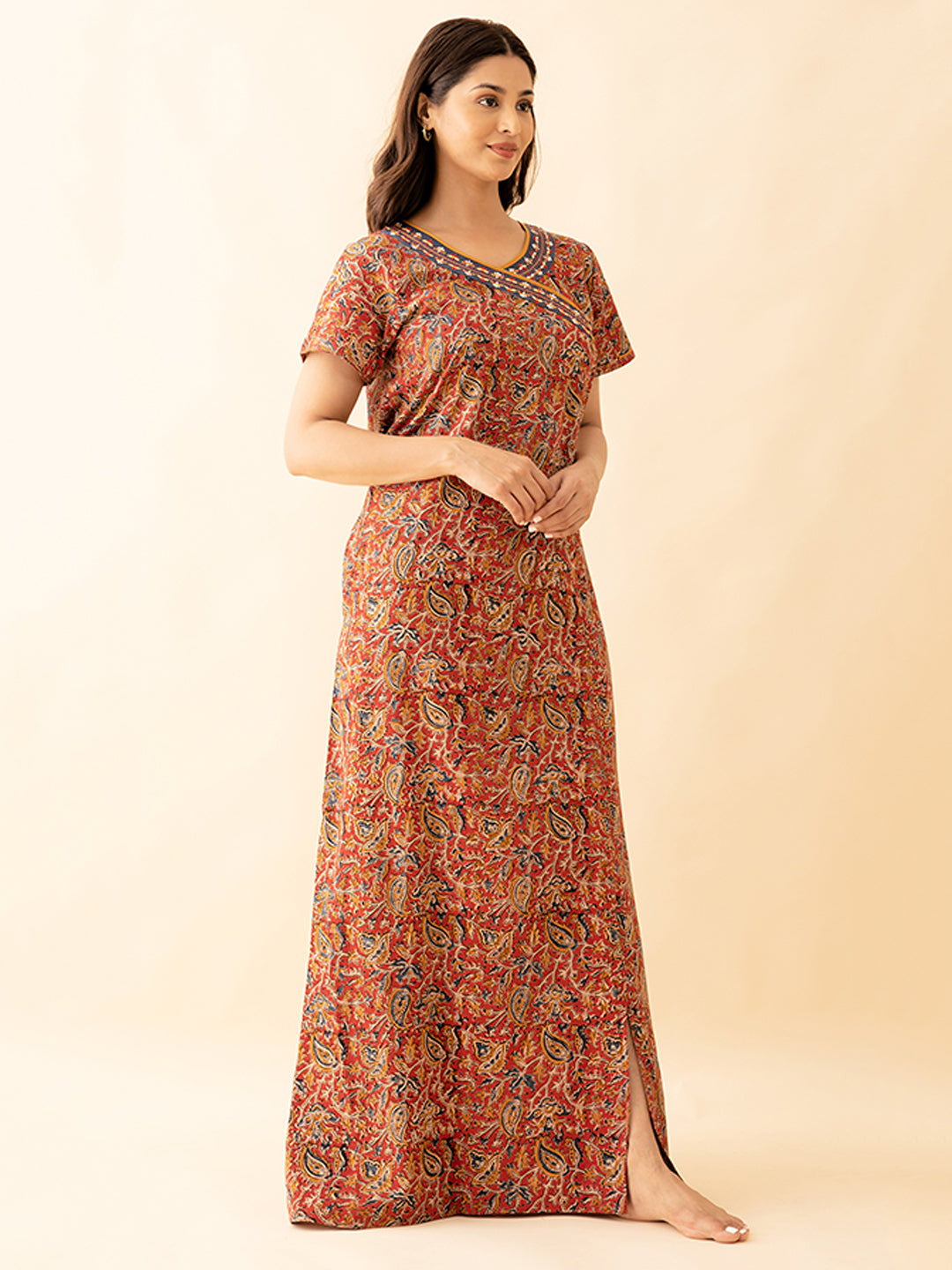 Allover kalamkari Print With Floral Embroidery Nighty - Red