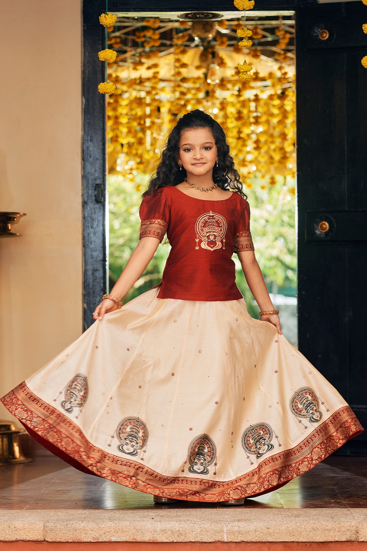Kathakali Embroidered Placement & Printed With Contrast Border Skirt Set - Red & Off-White