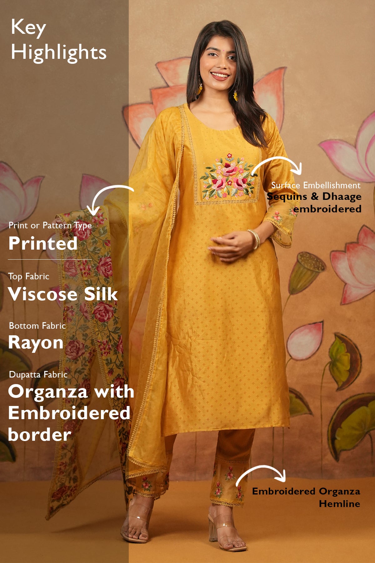 Sequin & Floral Embroidered Yoke Kurta Set With Embroidered & Laced Organza Dupatta - Mustard