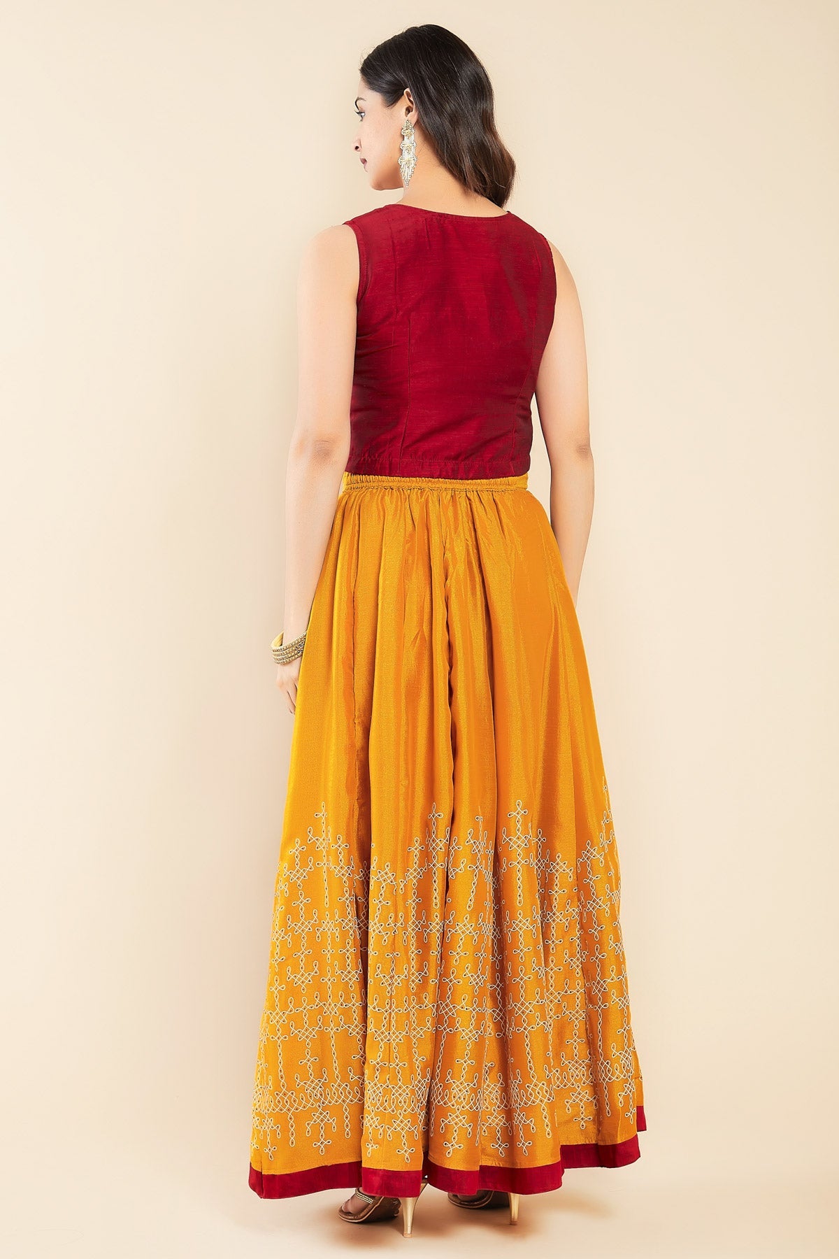 Kolam Motif Embroidered Crop Top & Printed Skirt Set - Red & Yellow