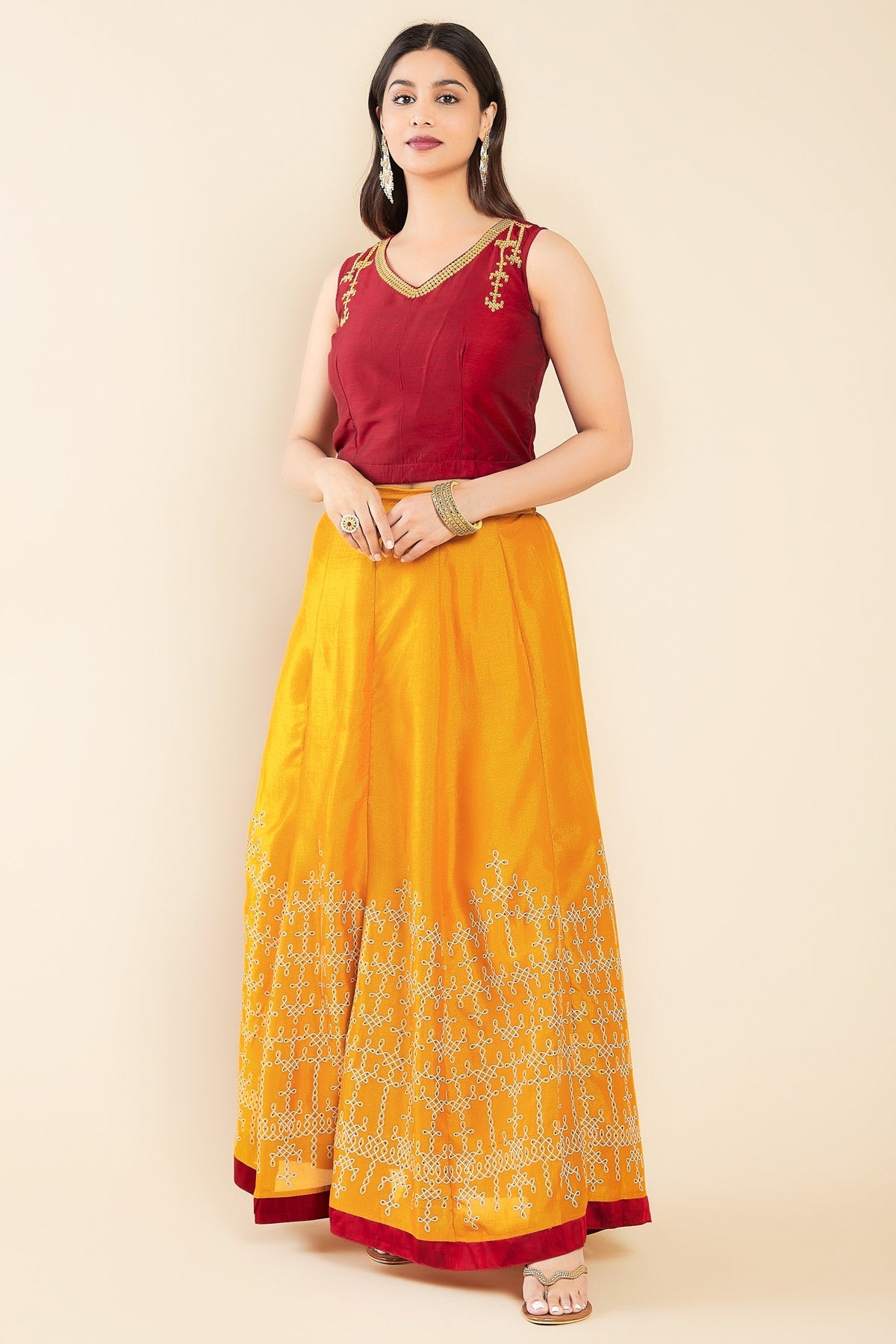 Kolam Motif Embroidered Crop Top & Printed Skirt Set - Red & Yellow