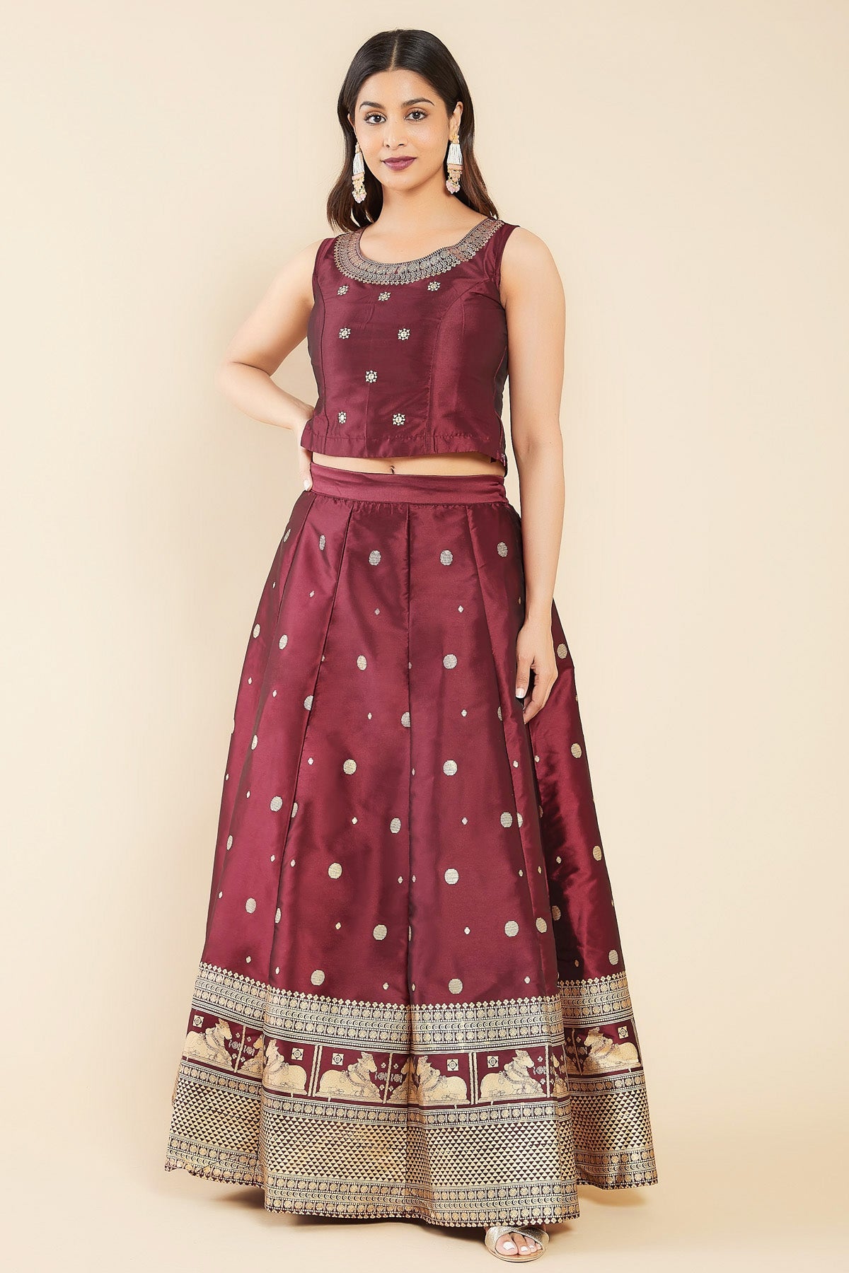 Geometric Printed Crop Top & Nandhi Motif Printed Skirt Set - Brown
