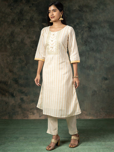 Geometric Motif Embroidered With Gold Striped Kurta - Off-White
