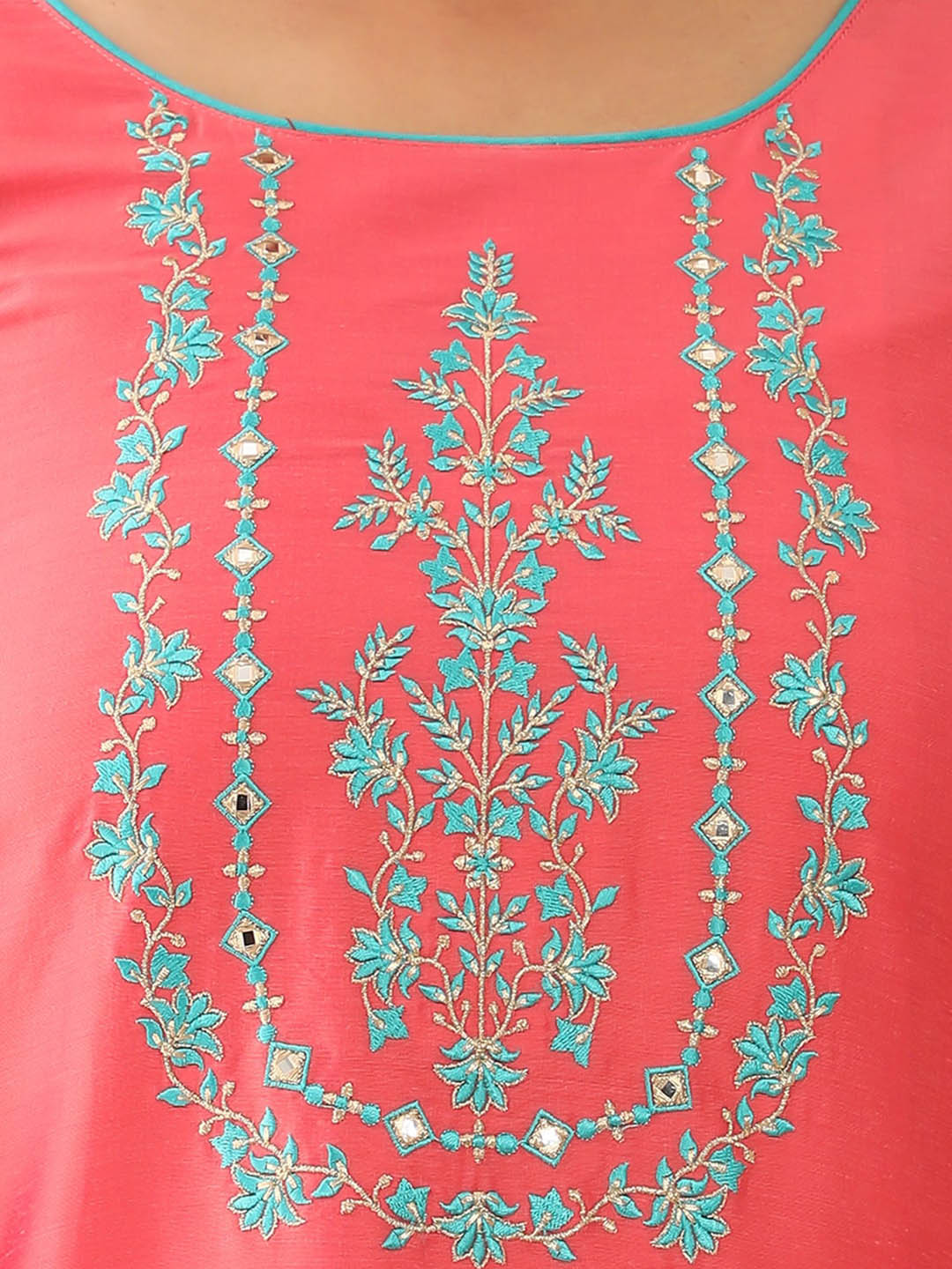 Floral Embroidered With Foil Mirror Embellished Kurta Set - Pink & Blue