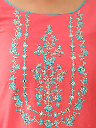 Floral Embroidered With Foil Mirror Embellished Kurta Set Pink Blue