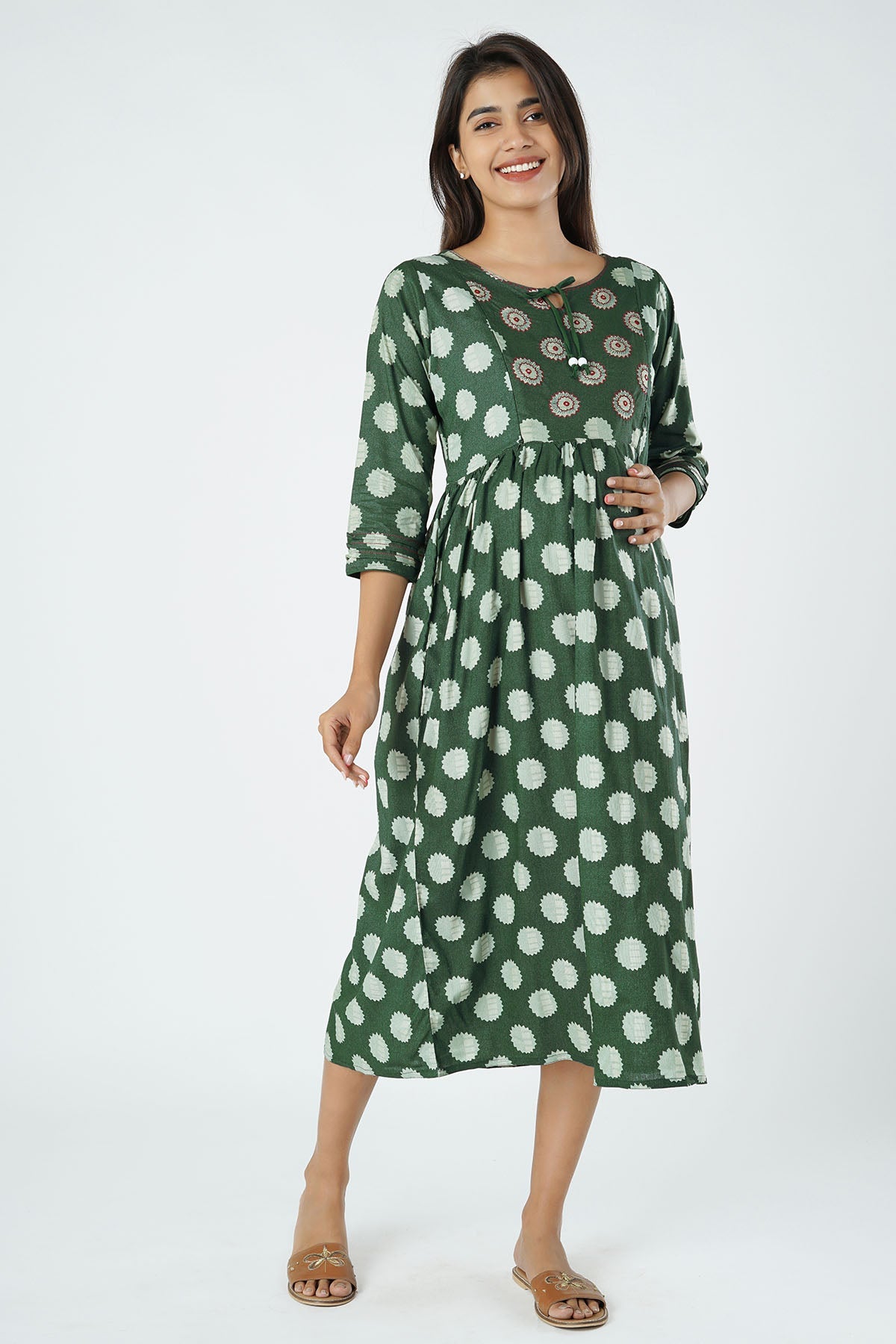  Block Printed & Mirror Embroidered Women's Maternity Kurta - Green 