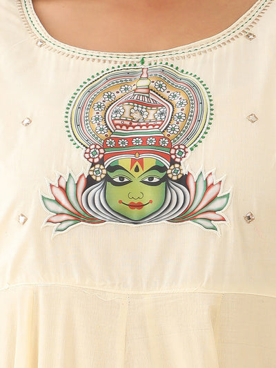 Kathakali Motif Applique With Foil Mirror Embellished A line Kurta Off White