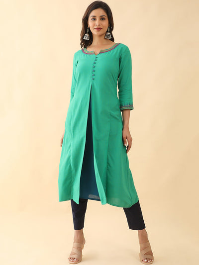 Jewelled Embroidered With Contrast Front Slit Kurta - Green