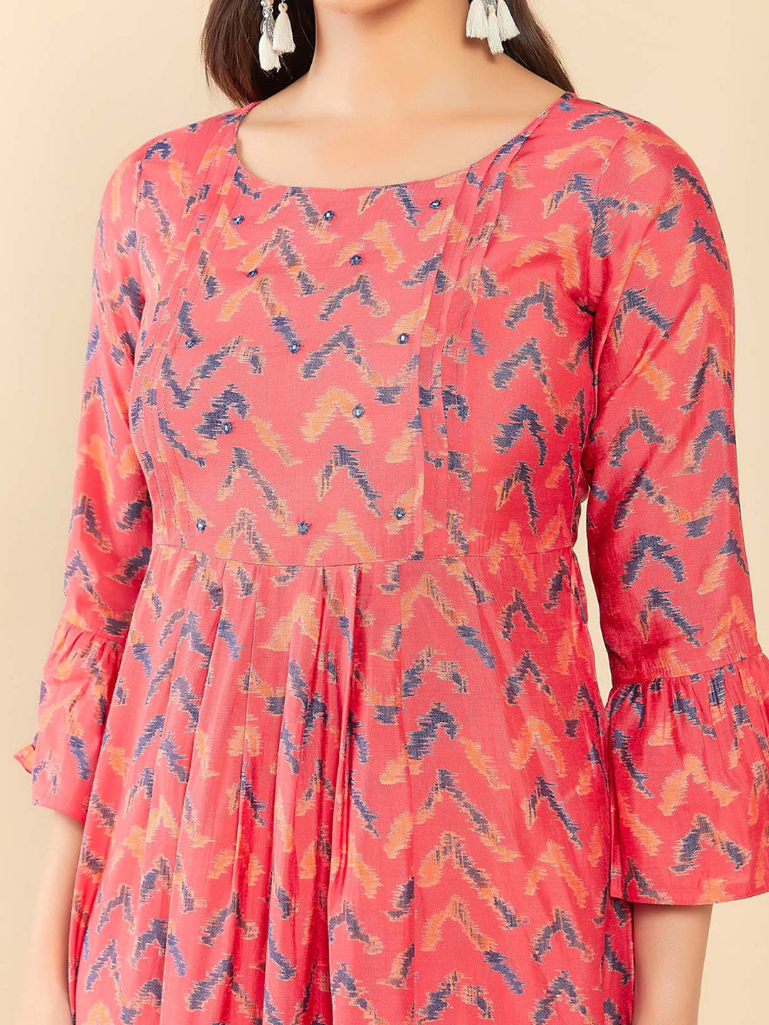 Contract Chevron Printed Foil Mirror Embellished A Line Kurta Peach