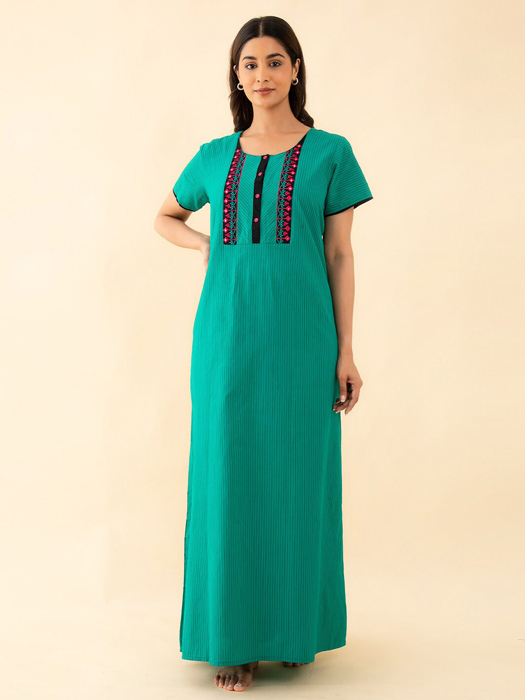 All Over Striped & Geometric Embroidered Yoke Nighty - Green