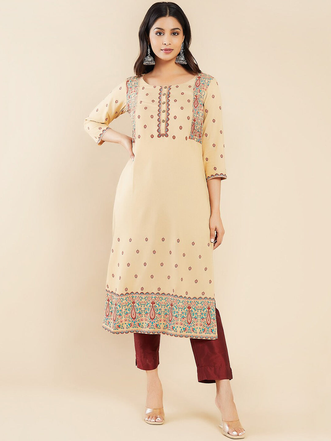 Classic Floral Printed Kurta Beige