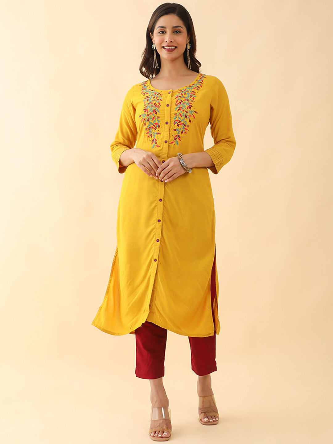 Floral Motif Embroidered Kurta Yellow