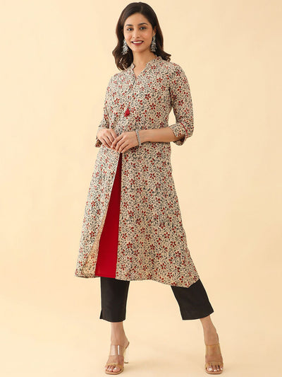 All Over Kalamkari Printed With Contrast Front Slit A-Line Kurta - Red